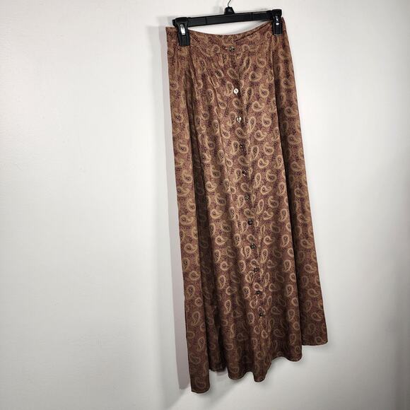 Woolrich Womens Long Maxi Skirt Medium Camel Purple Paisley Rayon Button Front - Picture 4 of 10